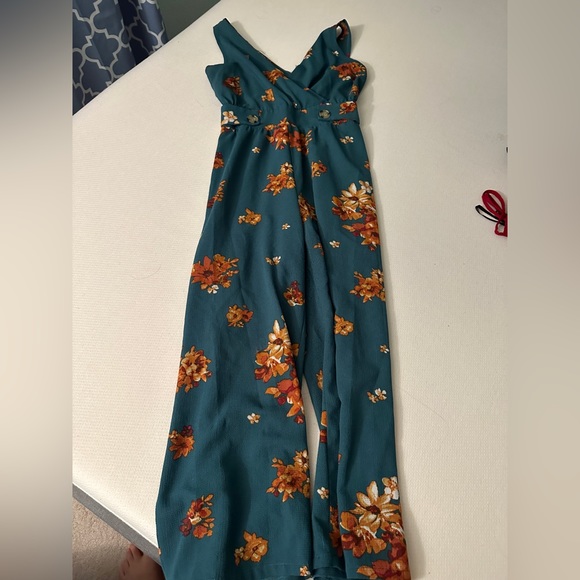 Dark aqua floral jumpsuit - sleeveless - Picture 2 of 8